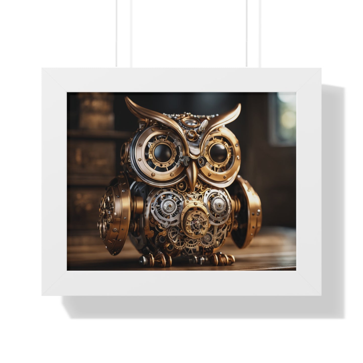 Steampunk AI Owl Framed Horizontal Poster